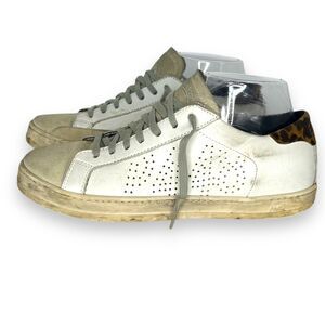 P448 John Sneakers White Leather Leopard Lace Up Sz 37 Womens 7 US Distressed